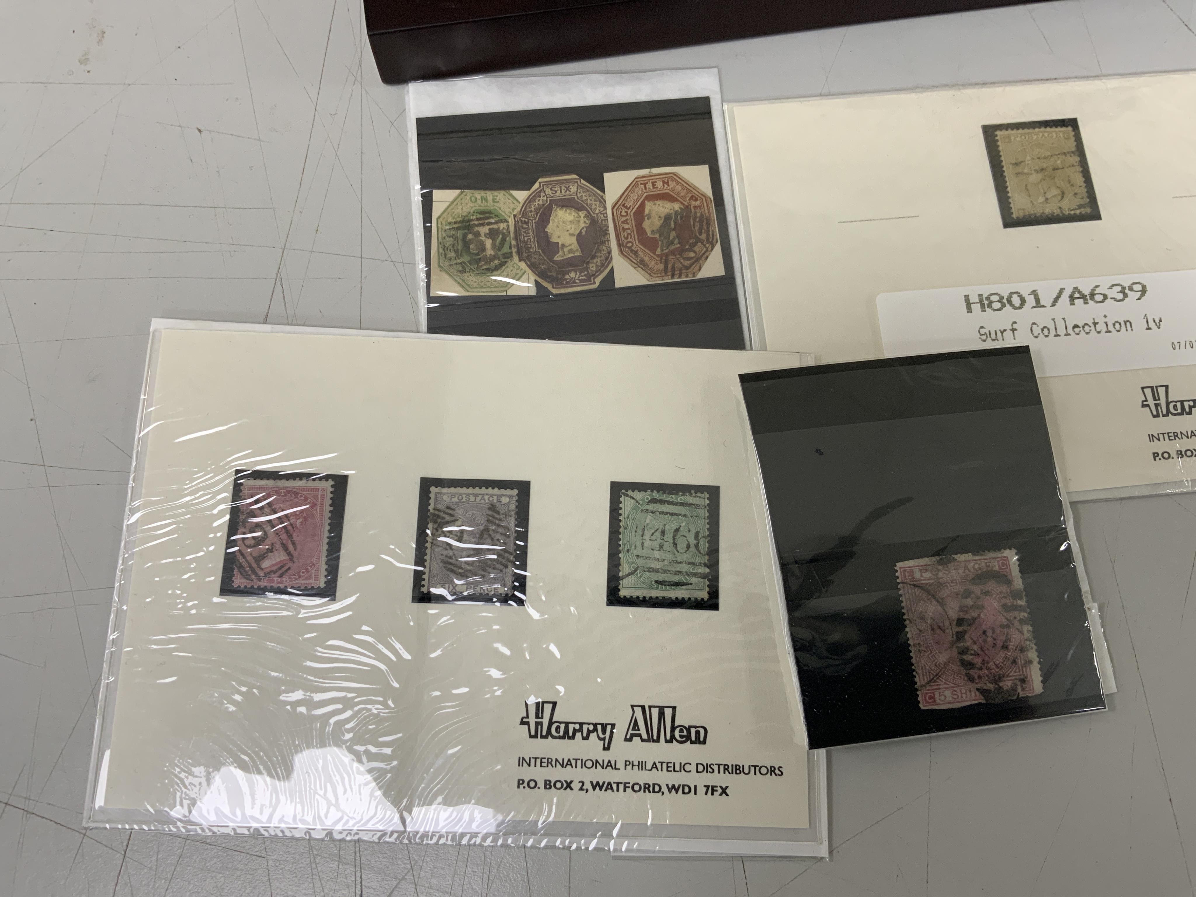 A cased set of The Complete 6d Colour and Plate Collection, issued by Westminster Philatelic Classics, together with a Penny Black with red postmark, a 5 Shilling stamp, etc.